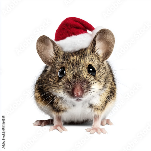 Christmas mouse crouching in Santa hat