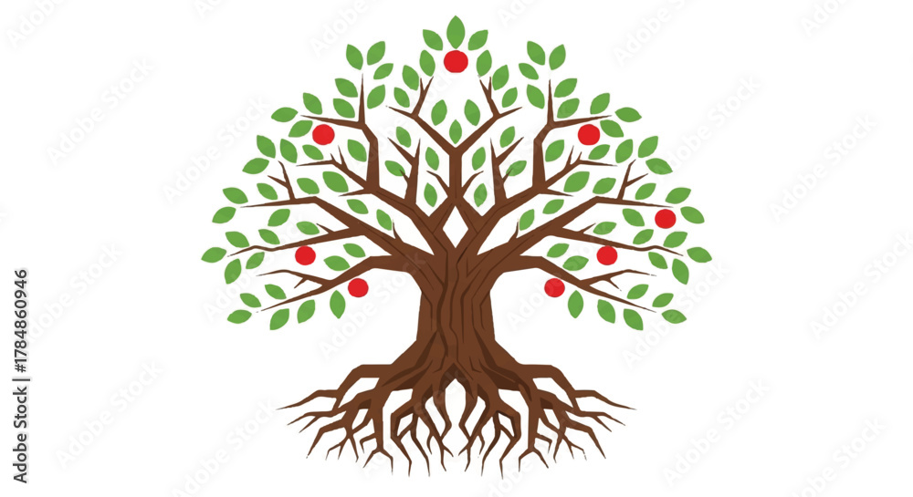 Fototapeta premium Bountiful apple tree with a visible root system. Vector illustration symbolizing growth, life, and knowledge. Flat design graphic for family tree concepts