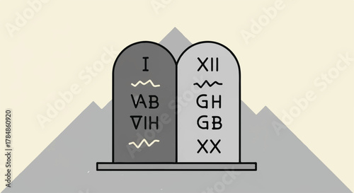 Ten Commandments stone tablets illustration. Religious symbol of law and faith. Minimalist flat design vector graphic on a mountain background