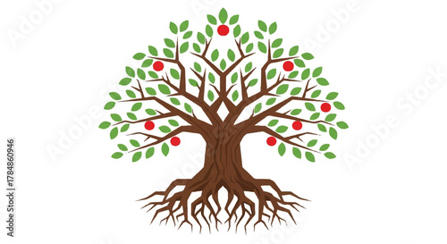 Bountiful apple tree with a visible root system. Vector illustration symbolizing growth, life, and knowledge. Flat design graphic for family tree concepts