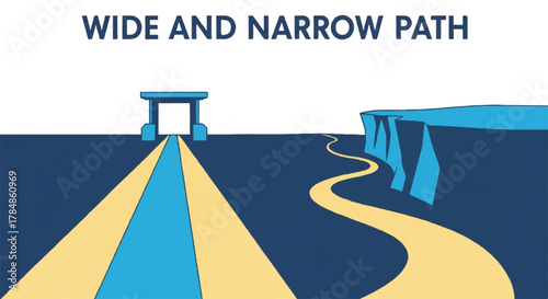 The wide and narrow path conceptual illustration. Vector graphic representing life's choices and spiritual journey. A metaphor for decision and destiny