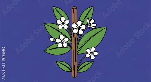 Botanical illustration of a flowering plant branch. Simple flat design with bold outlines. Vector graphic with green leaves and white blossoms on a blue background