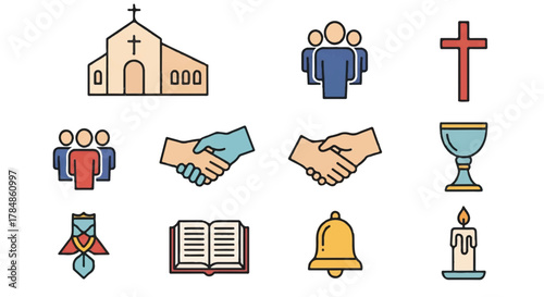 A set of christian religion and church icons. Flat outline vector illustration of faith symbols. Includes cross, bible, chalice, and congregation graphics