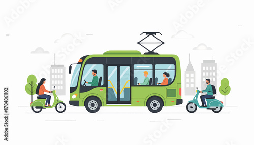 An electric bus and people on scooters in a city. Urban public transportation and eco-friendly mobility concept. Flat design vector illustration