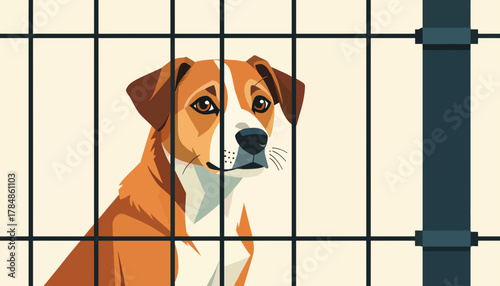 Sad dog in a cage at an animal shelter. Vector illustration of a lonely puppy waiting for adoption. Animal rescue and welfare concept