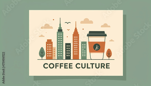 Urban coffee culture illustration. Flat design cityscape with a to-go coffee cup in a retro style. Vector graphic for a poster or banner