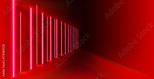 Abstract red neon arrow light glow background. Futuristic cyber laser line motion banner for casino. Dynamic techno perspective beam 3d graphic design. Cool party power
