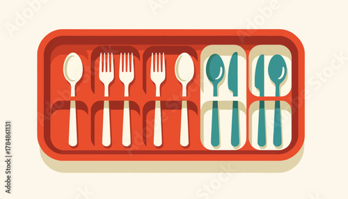 Cutlery tray organizer with silverware. Retro flat design vector illustration. Kitchen and dining utensils for home organization