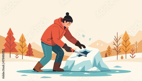 A man carving a block of ice in a snowy winter landscape. Flat design vector illustration of an outdoor activity and survival concept.