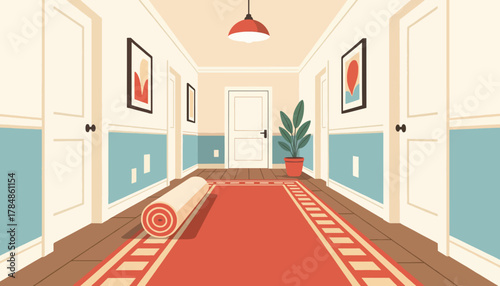 Hallway interior with a rolled-out rug. Home renovation and redecorating concept. Flat design vector illustration
