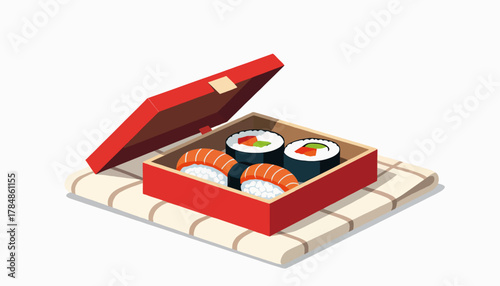 Isometric illustration of a sushi bento box. Japanese food lunch set with salmon nigiri and maki rolls. Flat design vector graphic