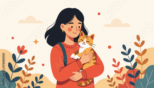 A young woman holding a ginger cat. Pet ownership and companionship concept. Flat design vector illustration