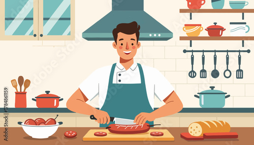 A professional chef preparing food in a kitchen. A smiling man slicing sausage on a cutting board. Flat design vector illustration