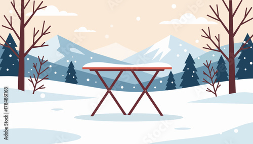 A winter landscape with a snow-covered table. Flat design vector illustration of a scenic mountain and forest background with snowfall.