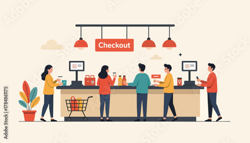 Customers waiting in a queue at a supermarket checkout counter. Flat design vector illustration of a retail store scene. Shopping and payment concept
