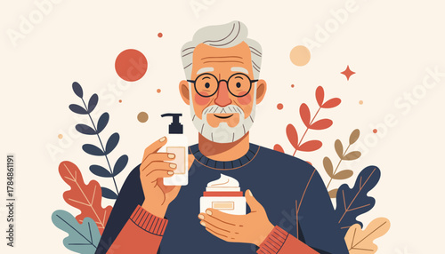 Senior man with skincare and grooming products. Men's cosmetics and self-care concept. Flat design vector illustration