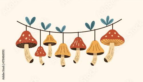 Hanging mushroom garland vector illustration. Cute cartoon fungi for autumn decoration. Hand-drawn woodland botanical design element.