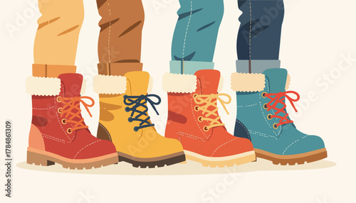 Four people wearing colorful winter boots in a row. Autumn seasonal fashion and footwear concept. Flat design vector illustration