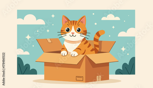 A ginger tabby cat sitting in a cardboard box. Cartoon flat design vector illustration. Pet adoption concept