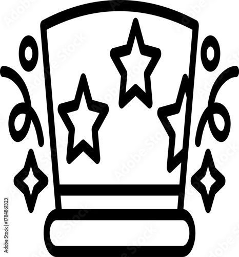 A star-studded party hat icon, surrounded by confetti and flying sparks.