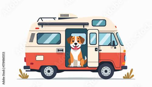 Happy dog sitting in a retro camper van. Pet-friendly travel and road trip concept. Flat design vector illustration isolated on a white background