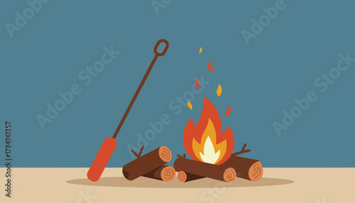 A flat design illustration of a campfire. Camping and outdoor adventure concept with burning logs and a fire poker. Simple vector graphic for travel and recreation themes.