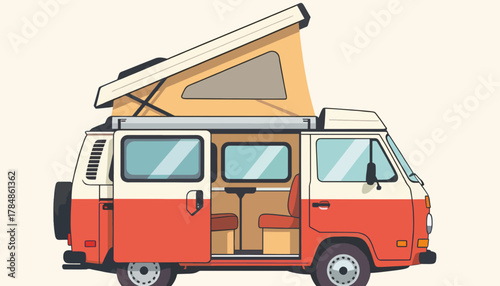 A retro camper van with a pop-top roof. Vector illustration of a classic bus for travel and road trip concepts. Flat design graphic isolated on a light background