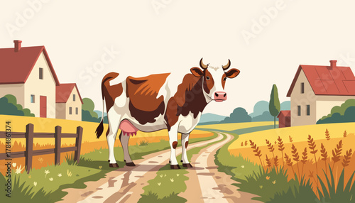 Vector illustration of a dairy cow on a farm. Rural countryside landscape with fields and farmhouses. Flat design graphic for agriculture and food products.