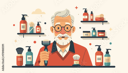 Senior man with shaving and grooming products. Flat design vector illustration of a daily personal care routine. Men's health and hygiene concept