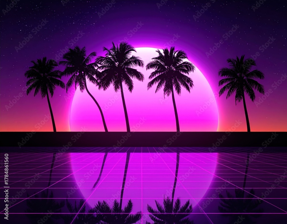 Naklejka premium Neon purple and black landscape, sun, palm trees, grid and reflections