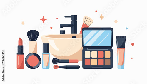 A collection of makeup and cosmetic products. Flat design vector illustration of a beauty routine with lipstick, eyeshadow, and foundation. Skincare and glamour concept isolated on white background