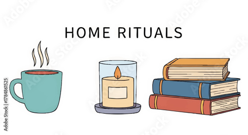 Home rituals and self-care concept illustration. Cozy vector set with a book, candle, and hot drink mug. Hand-drawn graphic for wellness and relaxation