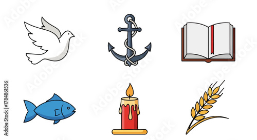 Christian religious symbols icon set. Flat cartoon vector illustration of faith elements like the dove, fish, anchor, bible, candle, and wheat