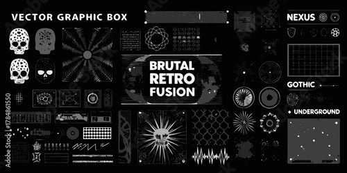 Collection of brutal retro fusion vector graphic elements with skulls and abstract designs
