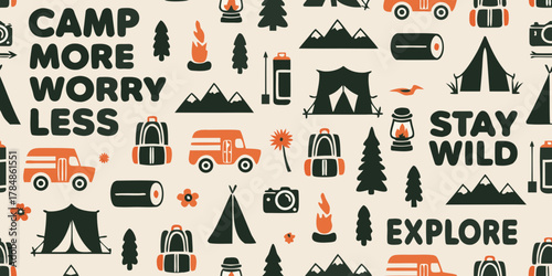 Camp more worry less stay wild explore retro camping adventure pattern with tents backpacks cars and mountains