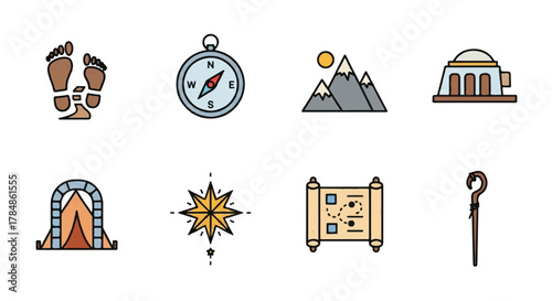 Travel and exploration icon set. Symbols for adventure, hiking, and biblical journeys. Flat outline vector illustration