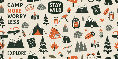 Camp more worry less explore nature adventure seamless pattern with camping icons and mountains