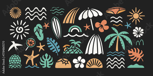 Collection of flat design tropical beach and summer icons with palm trees and sun on black background