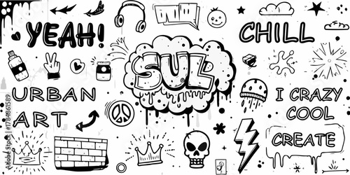 Urban art doodle elements collection with graffiti style text and icons