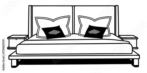 Illustration of a double bed with pillows and bedside tables in black and white outline style art drawing on transparent background