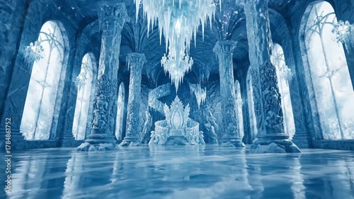 Frozen Palace: Majestic Ice Throne Room with Chandelier and Reflective Water