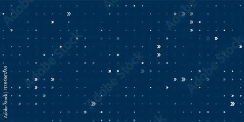 Seamless background pattern of evenly spaced white double arrow symbols of different sizes and opacity. Vector illustration on dark blue background with stars