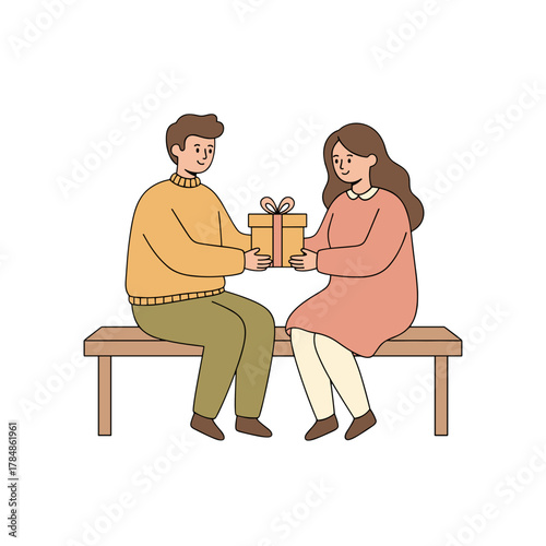A Smiling Man in a Yellow Sweater Gives a Wrapped Gift Box to a Woman in a Pink Dress Sitting on a Bench