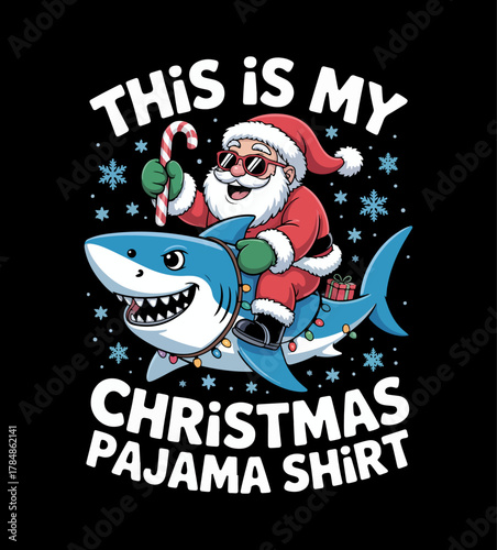 Illustration of santa riding shark christmas shirt