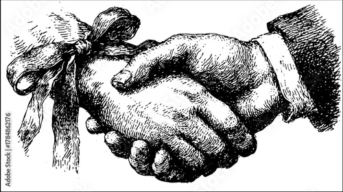 Handshake illustration in vintage engravings style. This black outline vector illustration represents trust and partnership.