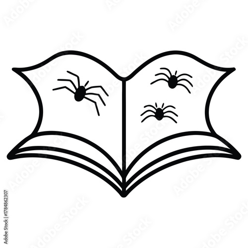 Open book with spiders on the pages