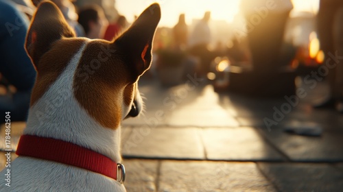 Fototapeta Naklejka Na Ścianę i Meble -  A small dog with a red collar observes people in a sunlit outdoor urban setting, surrounded by a lively crowd in the evening.