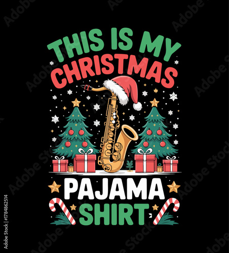 Illustration of christmas saxophone pajama shirt