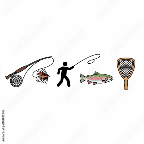 Fishing Rod with Fly, Silhouette of Angler Casting Line, Rainbow Trout, and Landing Net on White Background