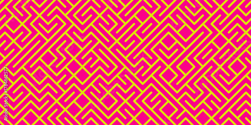 Geometric maze colorful seamless pattern. Brush drawn pink and yellow scribbles. Abstract maze geometric vector background. Irregular labyrinth pattern in bright colors. Hand drawn intricate banner.